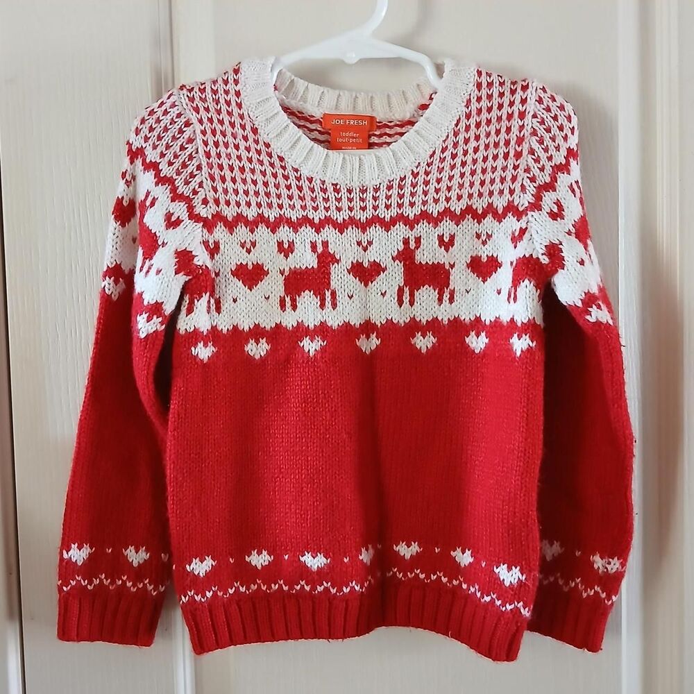 Joe Fresh Fair Isle Red & White Heart Knit Sweater Size 4 Valentines Day Holiday